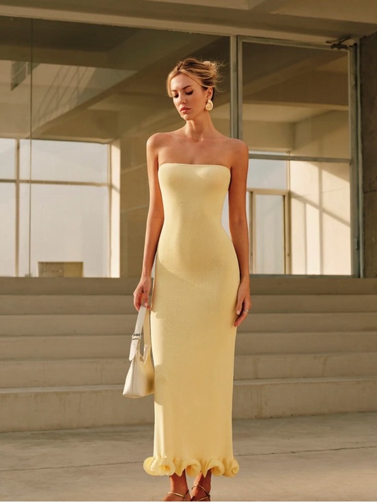 Commense Dresses & Skirts - Commense Strapless Pale Yellow Bodycon Maxi Dress with Ruffle Hem